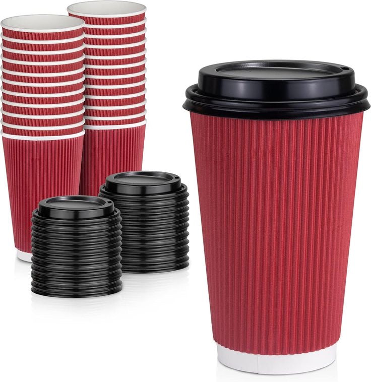50 vasos Corrugado Burdeo 12 oz Con tapa