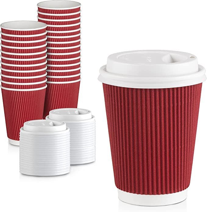 50 vasos Corrugado Burdeo 12 oz Con tapa