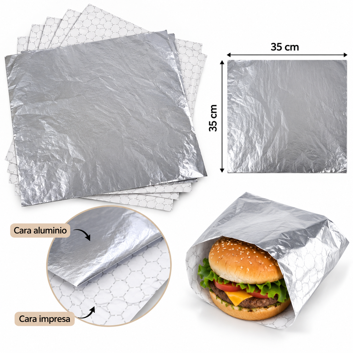 Papel Aluminio para Hamburguesa 35x35 - 50 unidades