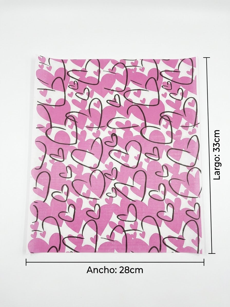 100 Papel antigrasa 28x33cm con diseño corazón 3D - rosado