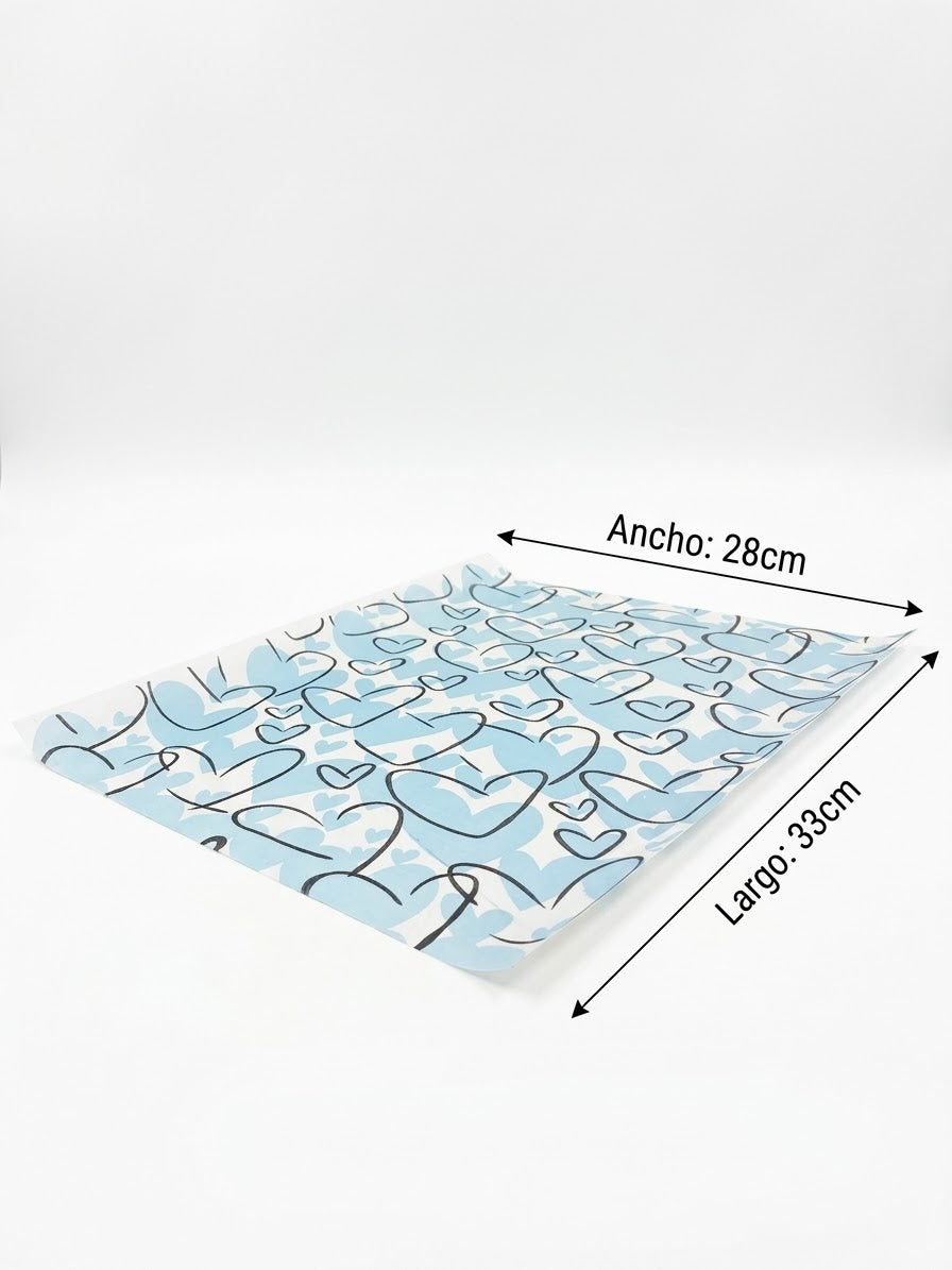 100 Papel antigrasa 28x33cm con diseño corazón 3D - Celeste
