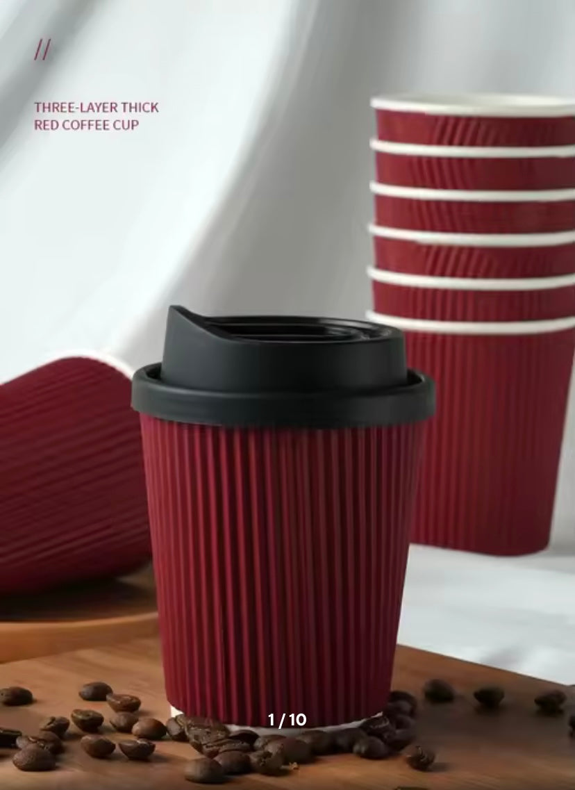 50 vasos Corrugado Burdeo 12 oz Con tapa