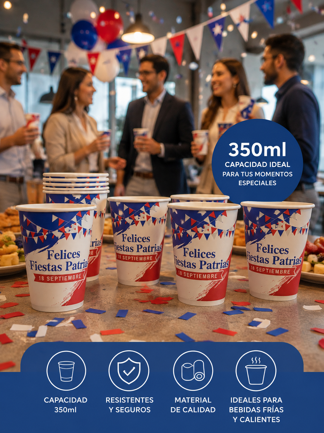 50 Vasos polipapel 12 Oz Fiestas patrias sin tapa