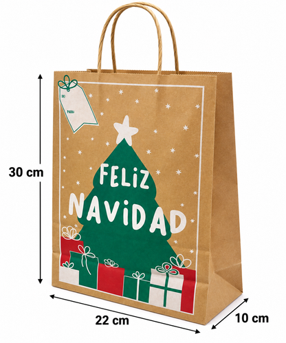 Pack 12 Bolsa Kraft con manilla diseño navideño 22x30x10
