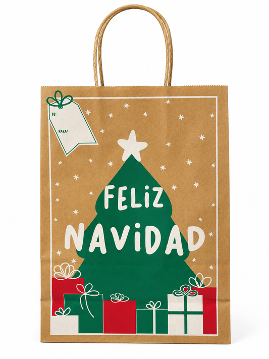 Pack 12 Bolsa Kraft con manilla diseño navideño 22x30x10